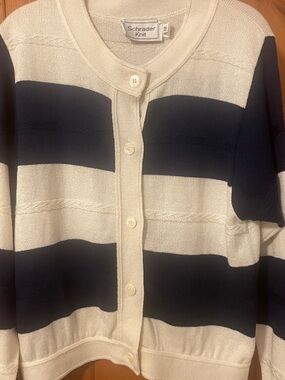 Vintage Schrader Knit Navy Cream Striped Nautical Cable Knit Cardigan 12